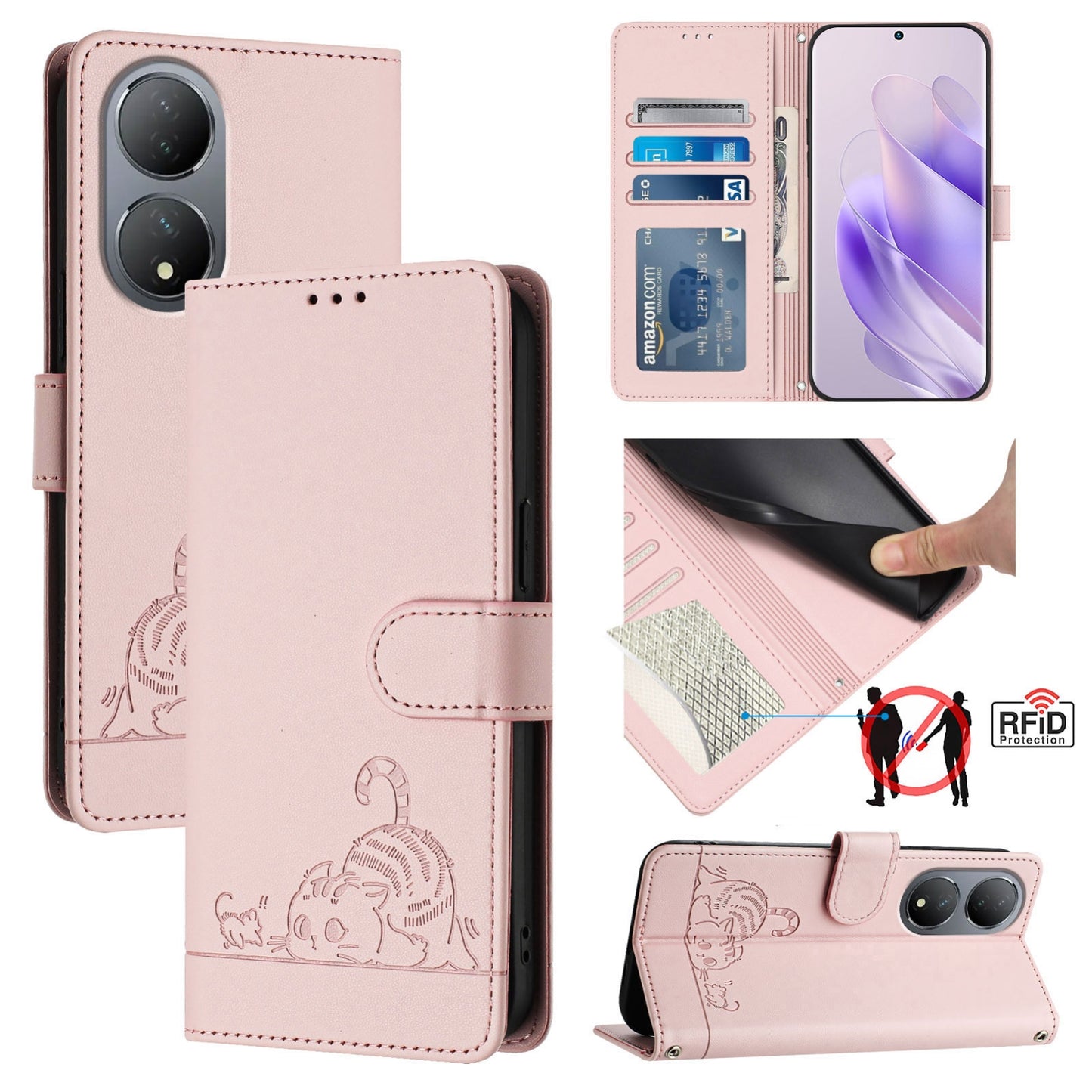 vivo Y100 5G Global Cat and Mouse Embossed PU Leather RFID Case with Wallet Slots, Anti-Fall Protection, Kickstand, and Lanyard-buycases.co.uk