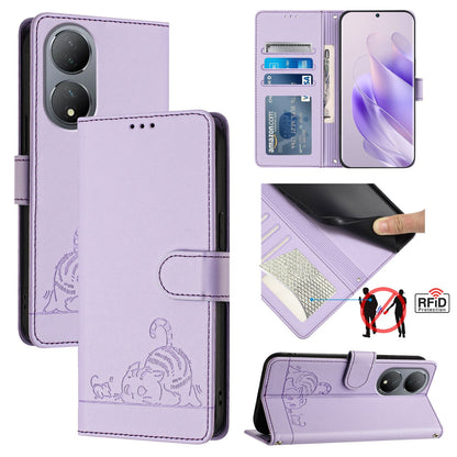 vivo Y100 5G Global Cat and Mouse Embossed PU Leather RFID Case with Wallet Slots, Anti-Fall Protection, Kickstand, and Lanyard-buycases.co.uk