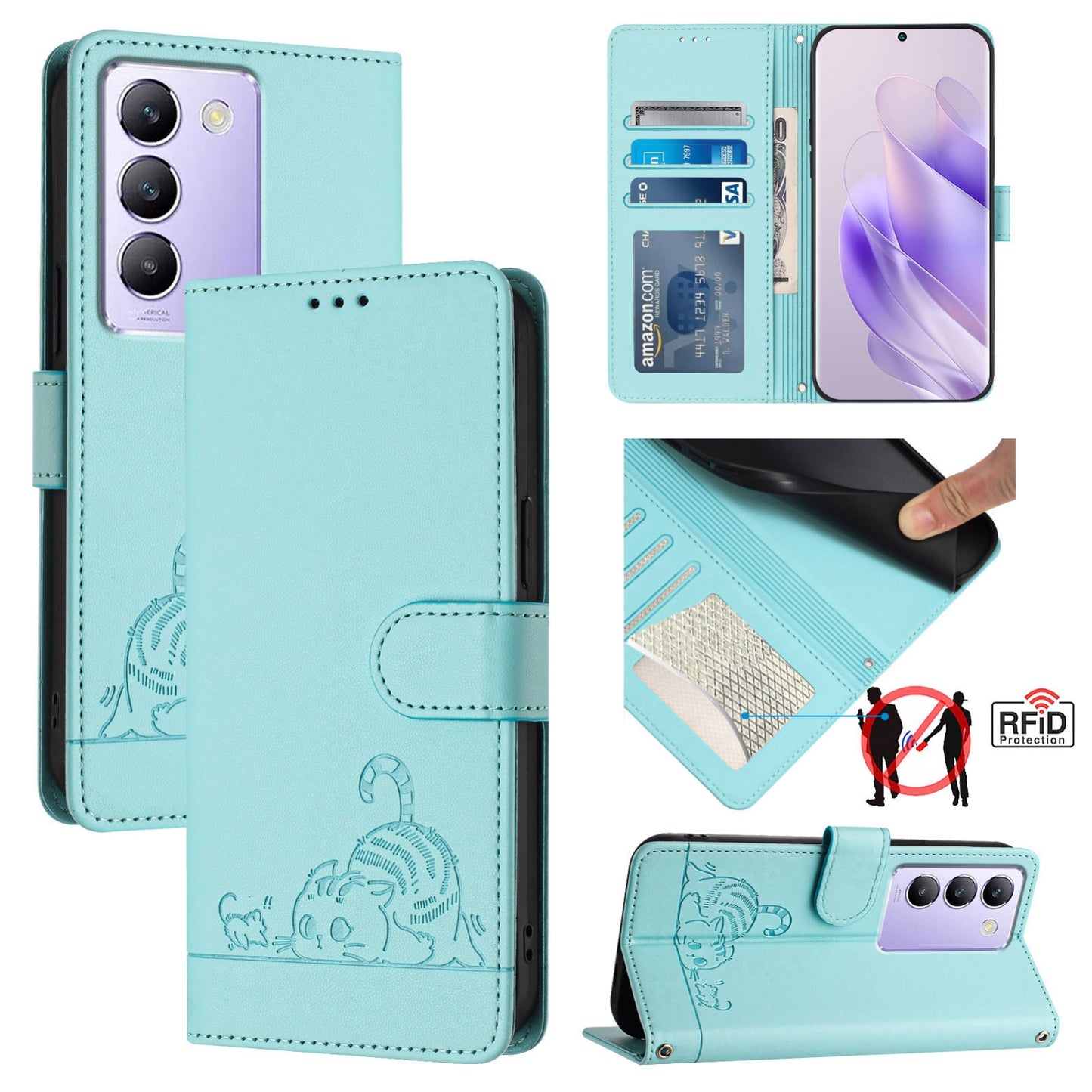vivo Y100 5G IDN Cat and Mouse Embossed PU Leather RFID Case with Wallet Slots, Anti-Fall Protection, Kickstand, and Lanyard-buycases.co.uk