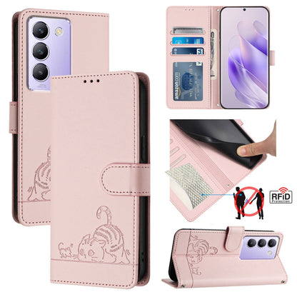vivo Y100 5G IDN Cat and Mouse Embossed PU Leather RFID Case with Wallet Slots, Anti-Fall Protection, Kickstand, and Lanyard-buycases.co.uk