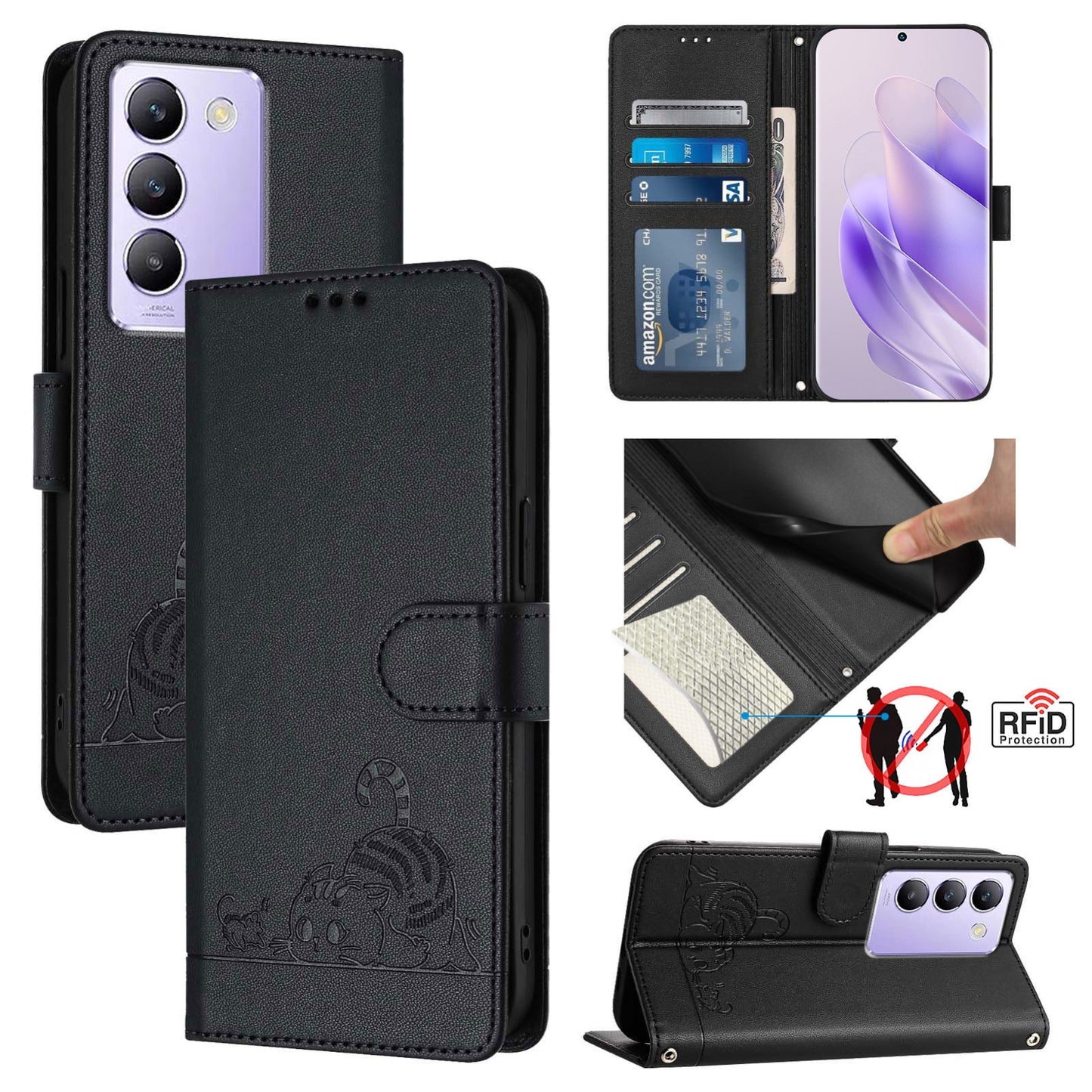 vivo Y100 5G IDN Cat and Mouse Embossed PU Leather RFID Case with Wallet Slots, Anti-Fall Protection, Kickstand, and Lanyard-buycases.co.uk