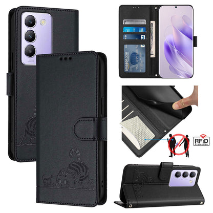 vivo Y100 5G IDN Cat and Mouse Embossed PU Leather RFID Case with Wallet Slots, Anti-Fall Protection, Kickstand, and Lanyard-buycases.co.uk