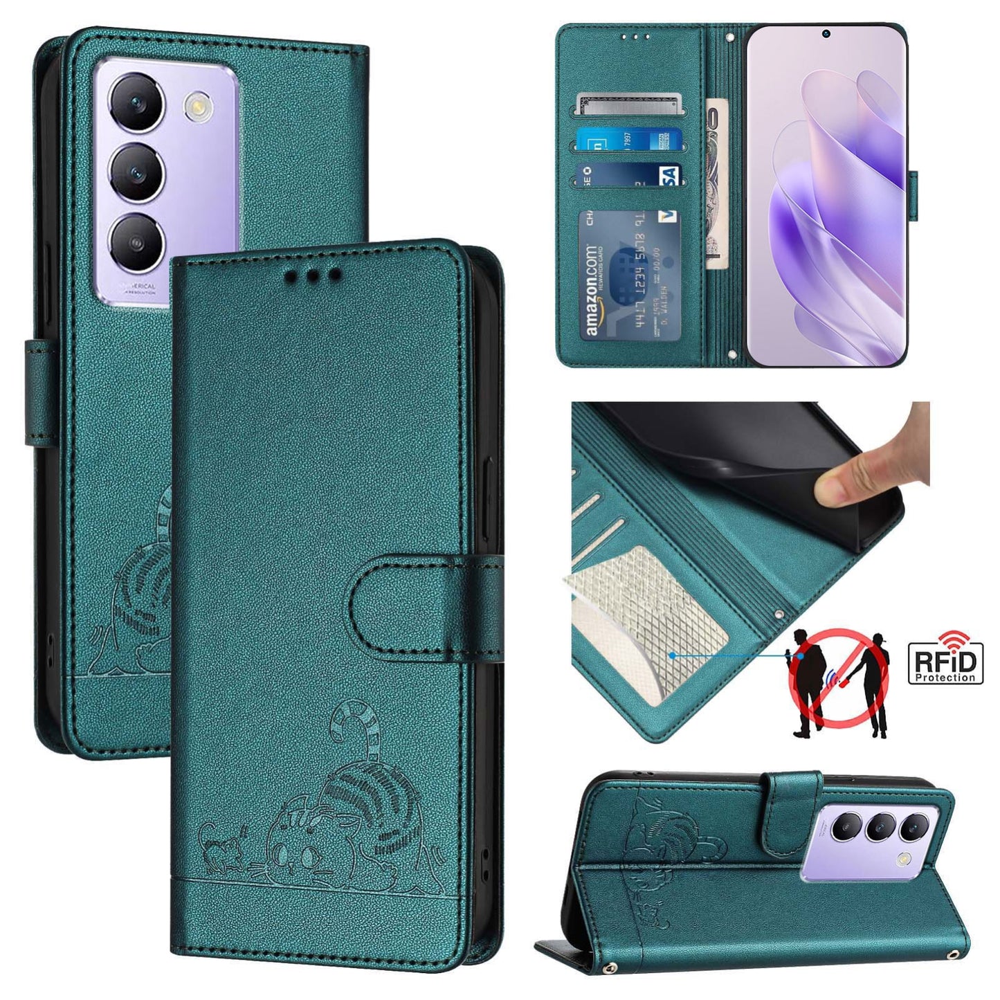 vivo Y100 5G IDN Cat and Mouse Embossed PU Leather RFID Case with Wallet Slots, Anti-Fall Protection, Kickstand, and Lanyard-buycases.co.uk