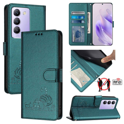 vivo Y100 5G IDN Cat and Mouse Embossed PU Leather RFID Case with Wallet Slots, Anti-Fall Protection, Kickstand, and Lanyard-buycases.co.uk