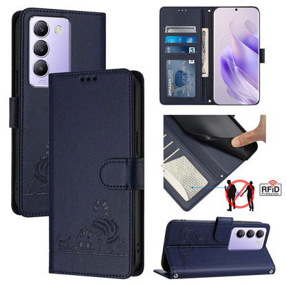 vivo Y100 5G IDN Cat and Mouse Embossed PU Leather RFID Case with Wallet Slots, Anti-Fall Protection, Kickstand, and Lanyard-buycases.co.uk