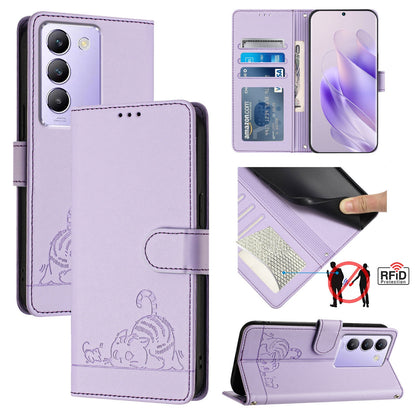 vivo Y100 5G IDN Cat and Mouse Embossed PU Leather RFID Case with Wallet Slots, Anti-Fall Protection, Kickstand, and Lanyard-buycases.co.uk
