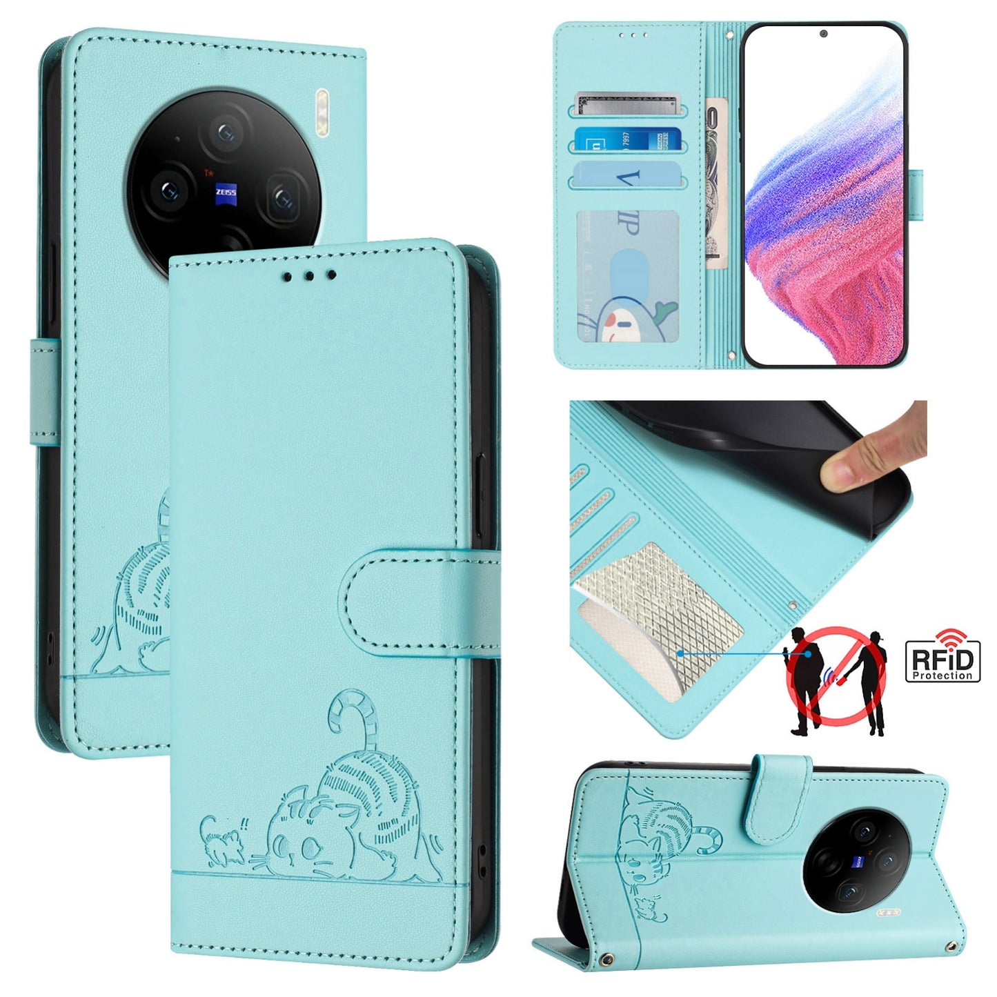 vivo X100 Cat and Mouse Embossed PU Leather RFID Case with Wallet Slots, Anti-Fall Protection, Kickstand, and Lanyard-buycases.co.uk