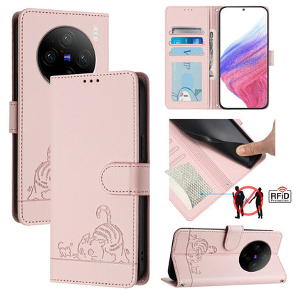 vivo X100 Cat and Mouse Embossed PU Leather RFID Case with Wallet Slots, Anti-Fall Protection, Kickstand, and Lanyard-buycases.co.uk