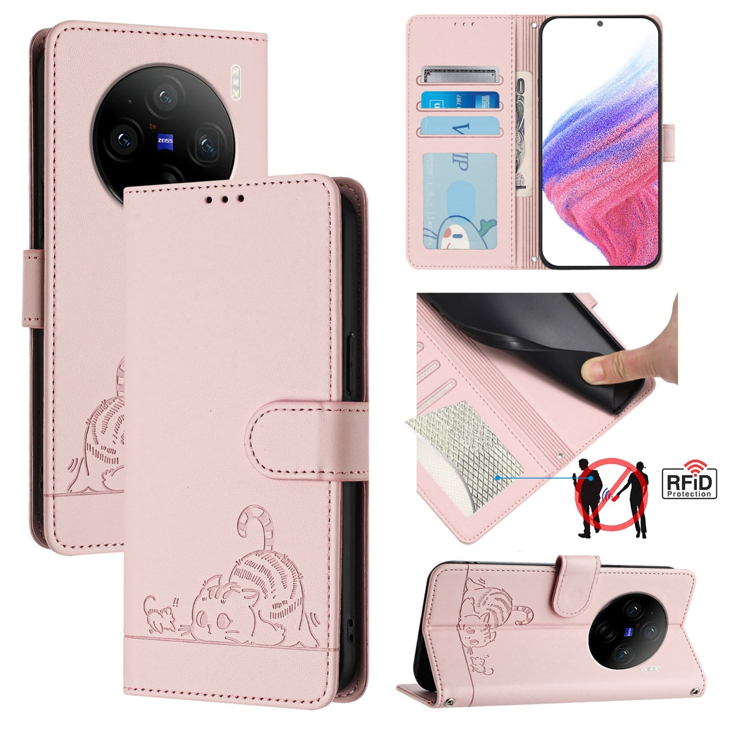 vivo X100 Pro 5G Cat and Mouse Embossed PU Leather RFID Case with Wallet Slots, Anti-Fall Protection, Kickstand, and Lanyard-buycases.co.uk
