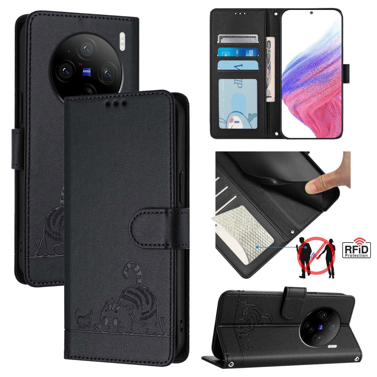 vivo X100 Pro 5G Cat and Mouse Embossed PU Leather RFID Case with Wallet Slots, Anti-Fall Protection, Kickstand, and Lanyard-buycases.co.uk