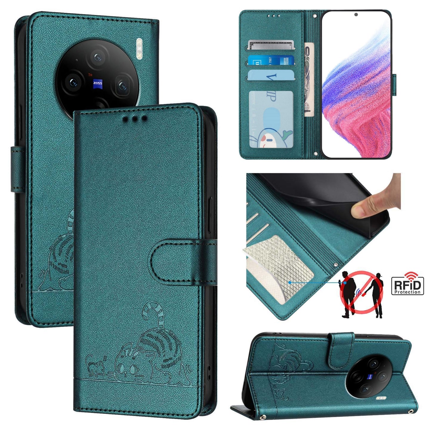 vivo X100 Pro 5G Cat and Mouse Embossed PU Leather RFID Case with Wallet Slots, Anti-Fall Protection, Kickstand, and Lanyard-buycases.co.uk