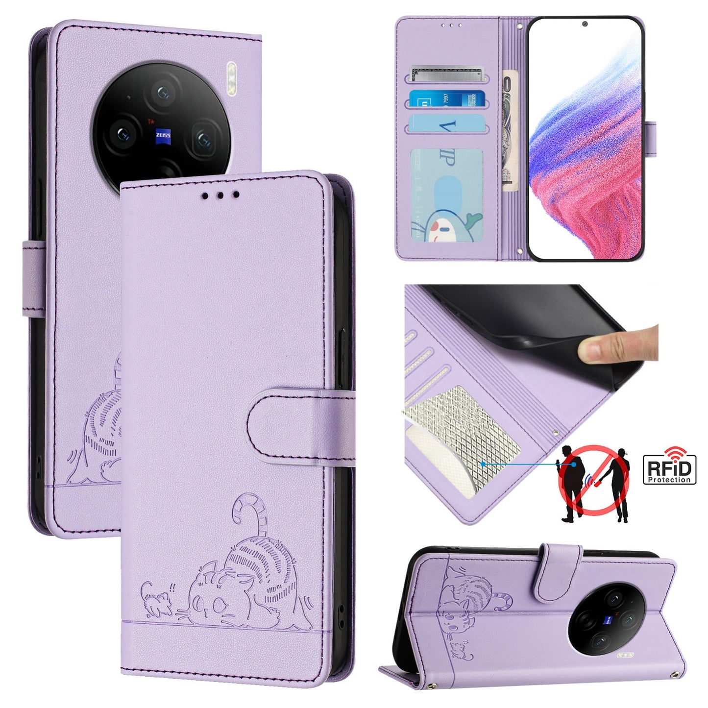 vivo X100 Pro 5G Cat and Mouse Embossed PU Leather RFID Case with Wallet Slots, Anti-Fall Protection, Kickstand, and Lanyard-buycases.co.uk