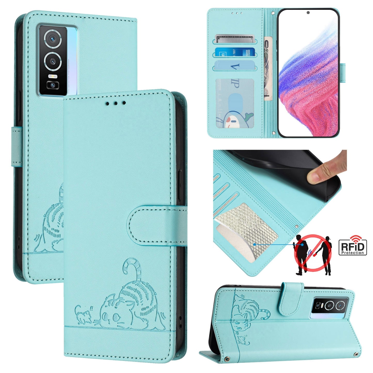 vivo Y76 5G Cat and Mouse Embossed PU Leather RFID Case with Wallet Slots, Anti-Fall Protection, Kickstand, and Lanyard-buycases.co.uk