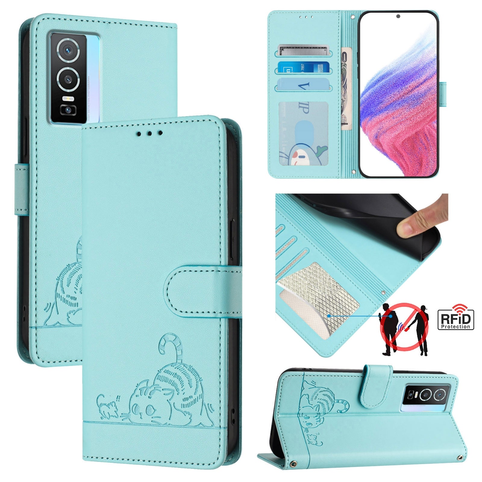 vivo Y76 5G Cat and Mouse Embossed PU Leather RFID Case with Wallet Slots, Anti-Fall Protection, Kickstand, and Lanyard-buycases.co.uk