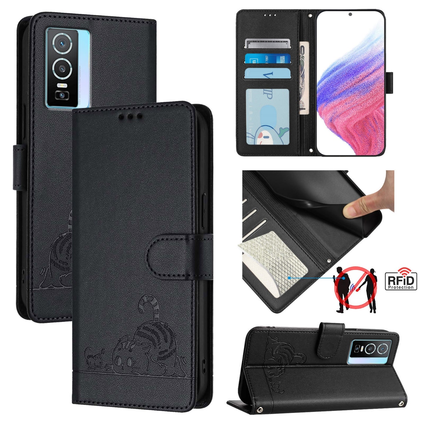 vivo Y76 5G Cat and Mouse Embossed PU Leather RFID Case with Wallet Slots, Anti-Fall Protection, Kickstand, and Lanyard-buycases.co.uk
