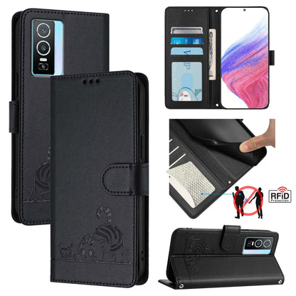 vivo Y76 5G Cat and Mouse Embossed PU Leather RFID Case with Wallet Slots, Anti-Fall Protection, Kickstand, and Lanyard-buycases.co.uk