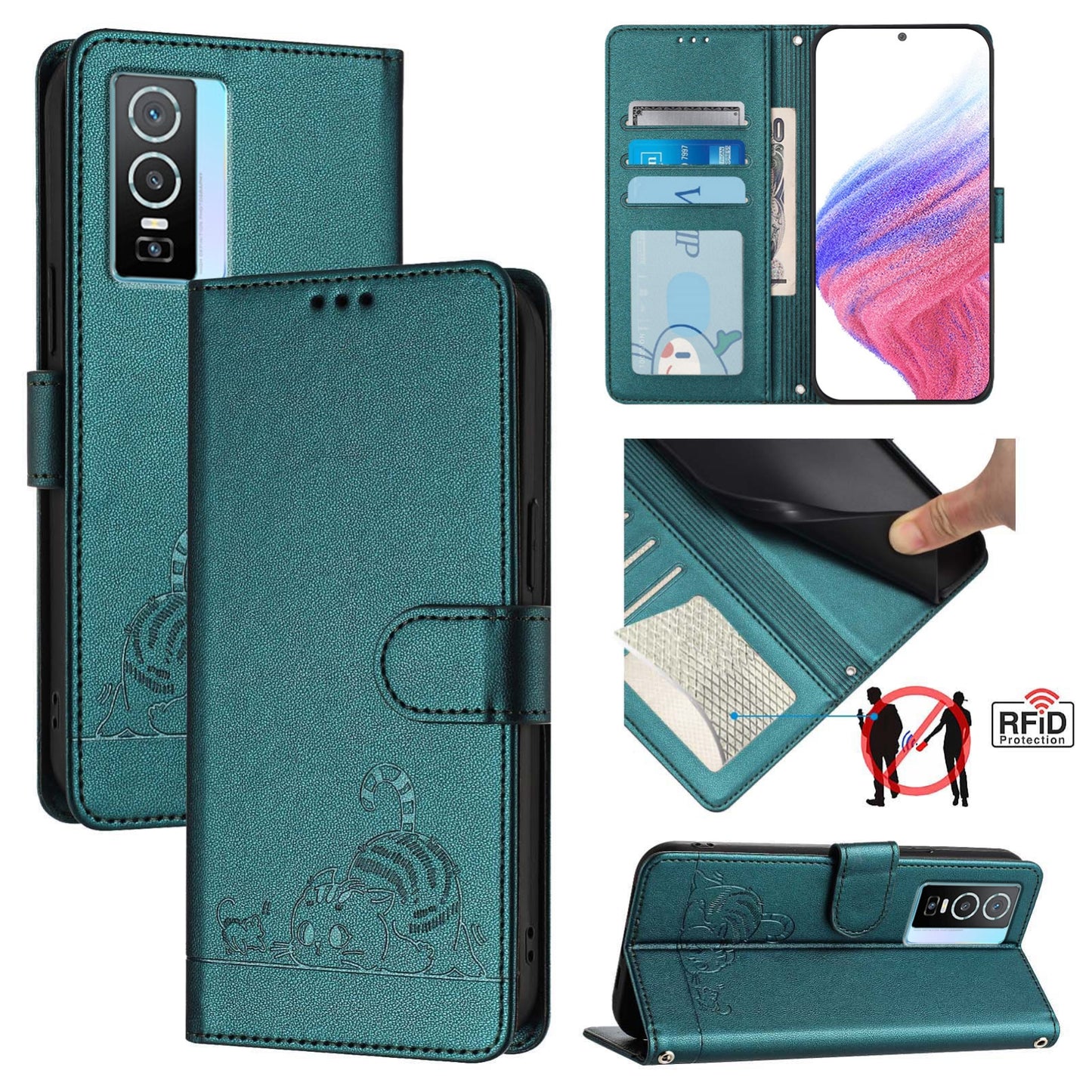 vivo Y76 5G Cat and Mouse Embossed PU Leather RFID Case with Wallet Slots, Anti-Fall Protection, Kickstand, and Lanyard-buycases.co.uk