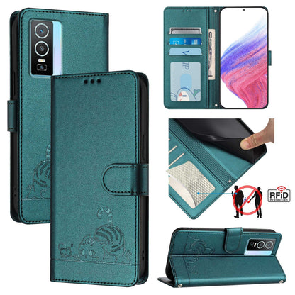 vivo Y76 5G Cat and Mouse Embossed PU Leather RFID Case with Wallet Slots, Anti-Fall Protection, Kickstand, and Lanyard-buycases.co.uk