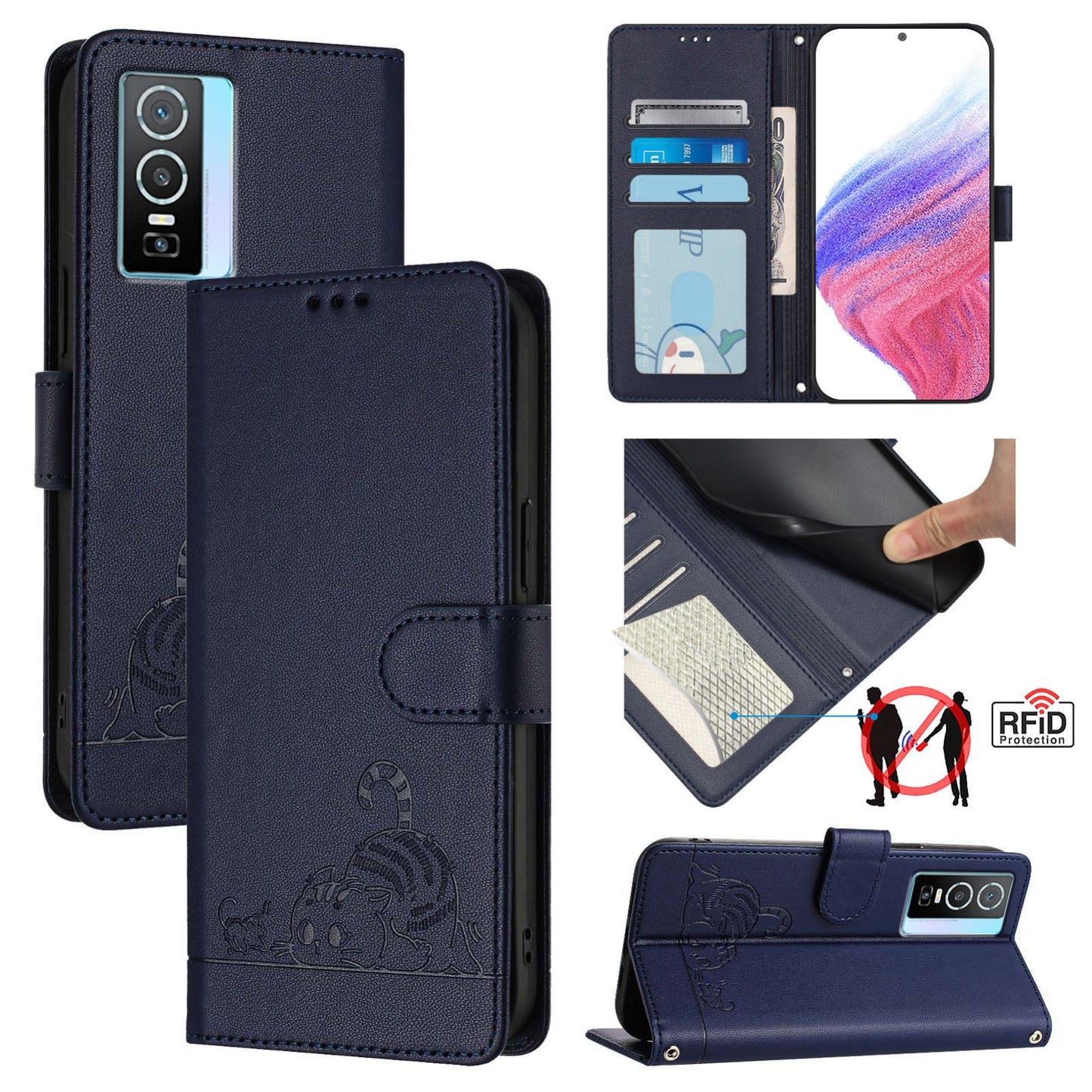 vivo Y76 5G Cat and Mouse Embossed PU Leather RFID Case with Wallet Slots, Anti-Fall Protection, Kickstand, and Lanyard-buycases.co.uk