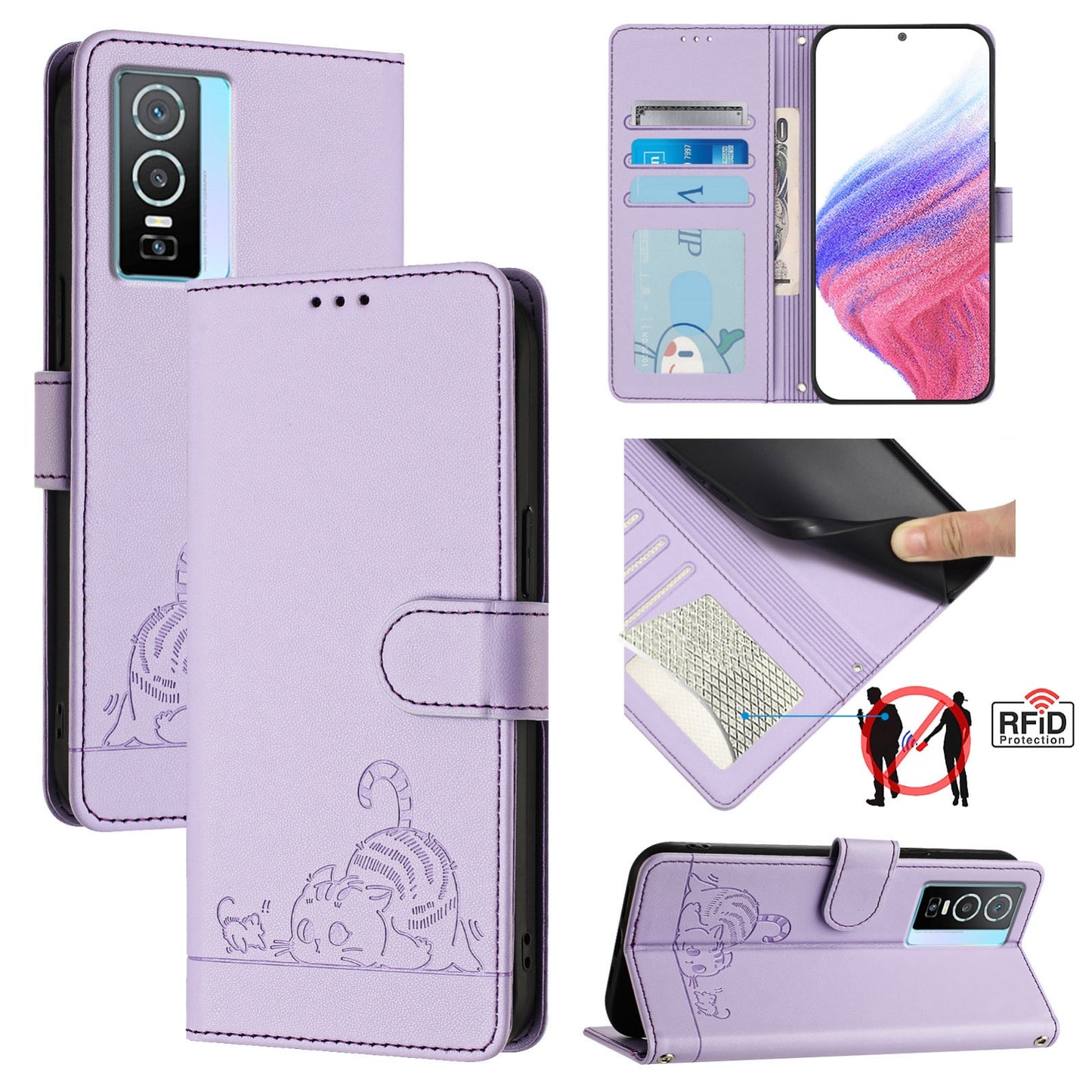 vivo Y76 5G Cat and Mouse Embossed PU Leather RFID Case with Wallet Slots, Anti-Fall Protection, Kickstand, and Lanyard-buycases.co.uk
