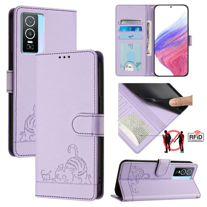 vivo Y76 5G Cat and Mouse Embossed PU Leather RFID Case with Wallet Slots, Anti-Fall Protection, Kickstand, and Lanyard-buycases.co.uk