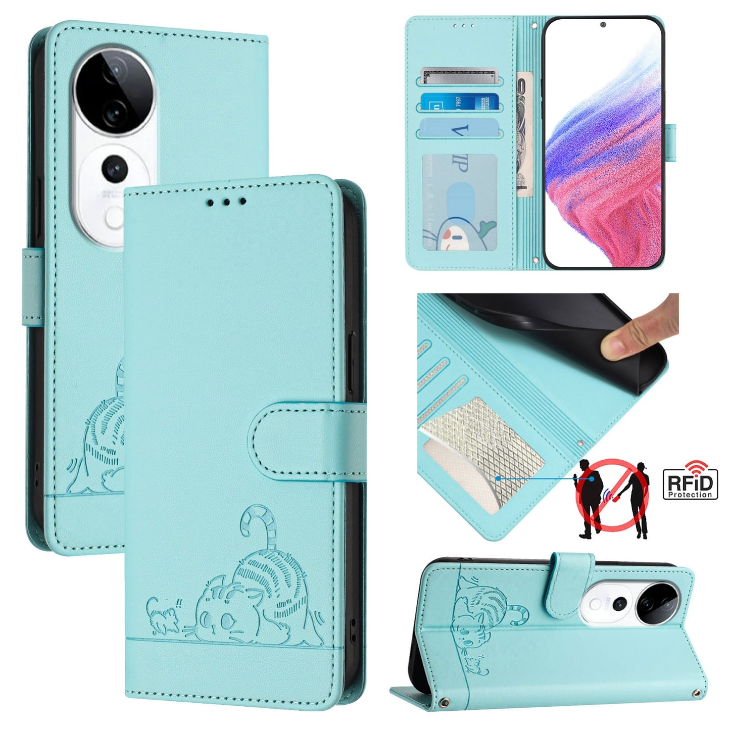 vivo S19 Pro Cat and Mouse Embossed PU Leather RFID Case with Wallet Slots, Anti-Fall Protection, Kickstand, and Lanyard-buycases.co.uk