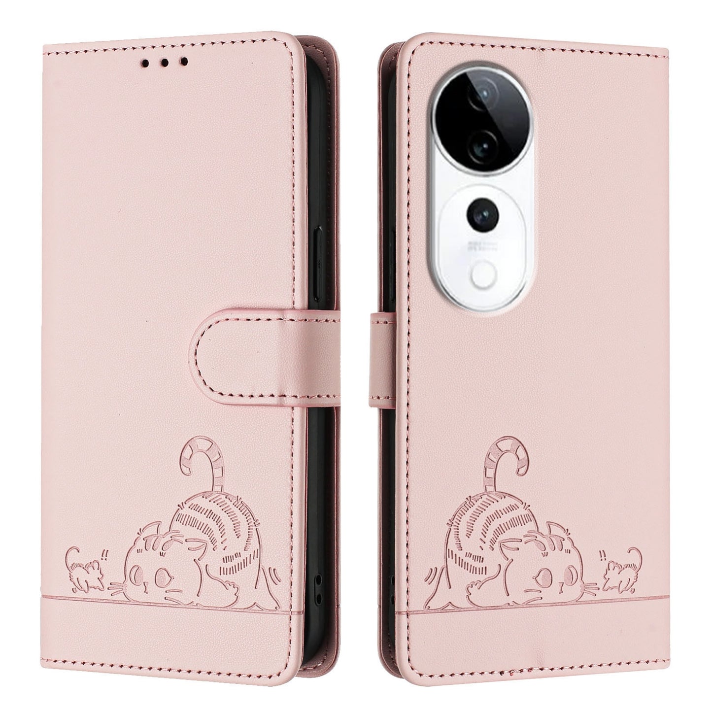 vivo S19 Pro Cat and Mouse Embossed PU Leather RFID Case with Wallet Slots, Anti-Fall Protection, Kickstand, and Lanyard-buycases.co.uk