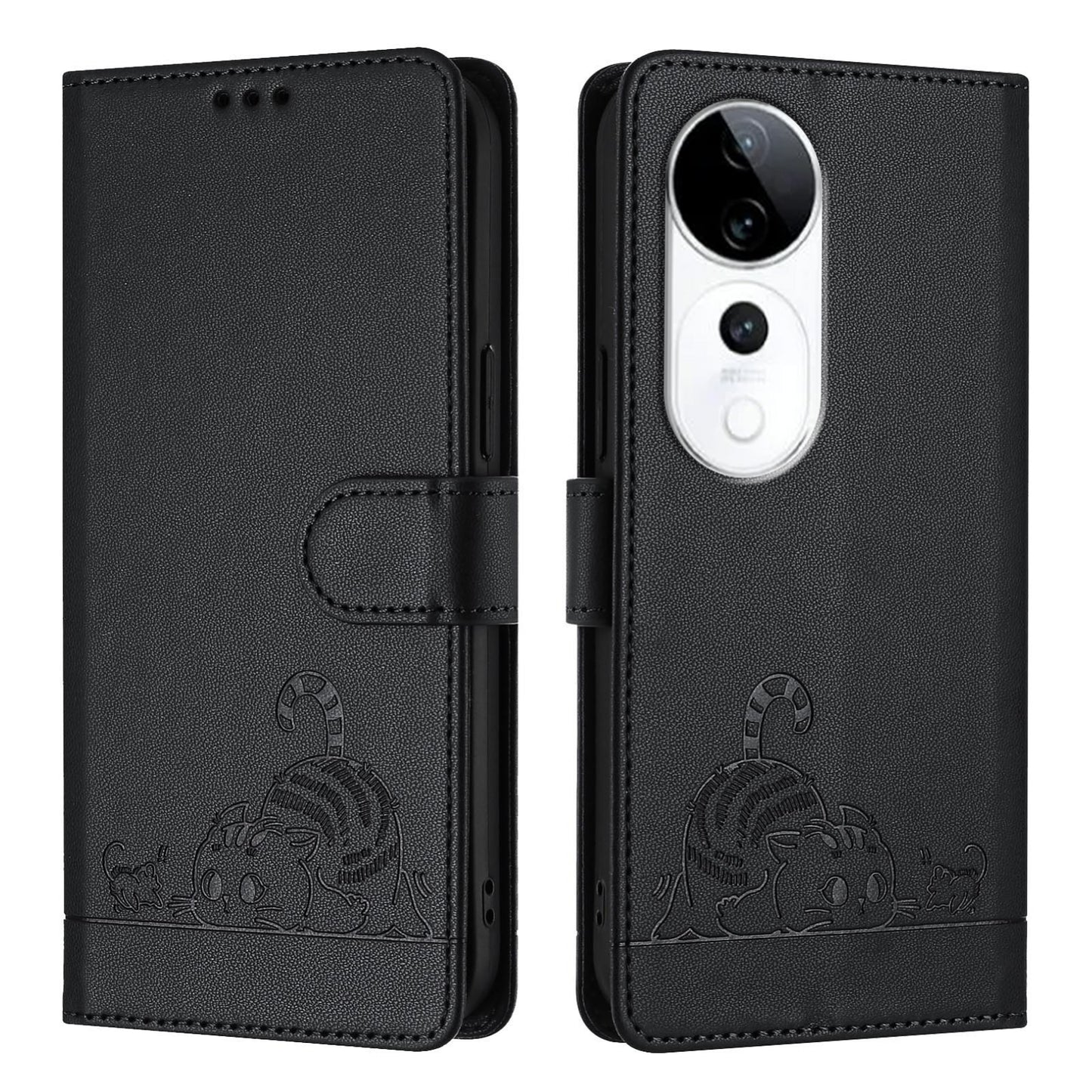 vivo S19 Pro Cat and Mouse Embossed PU Leather RFID Case with Wallet Slots, Anti-Fall Protection, Kickstand, and Lanyard-buycases.co.uk