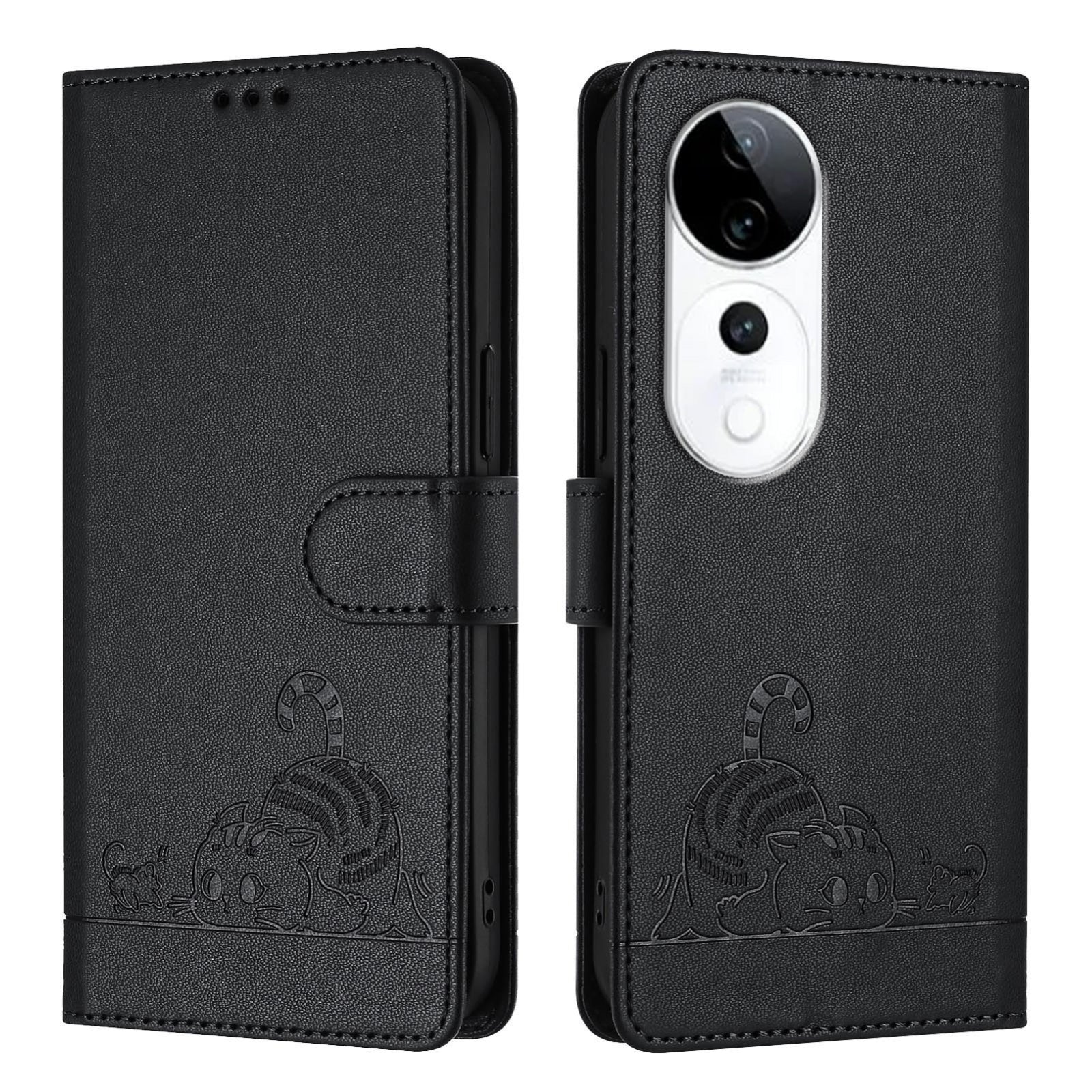vivo S19 Pro Cat and Mouse Embossed PU Leather RFID Case with Wallet Slots, Anti-Fall Protection, Kickstand, and Lanyard-buycases.co.uk