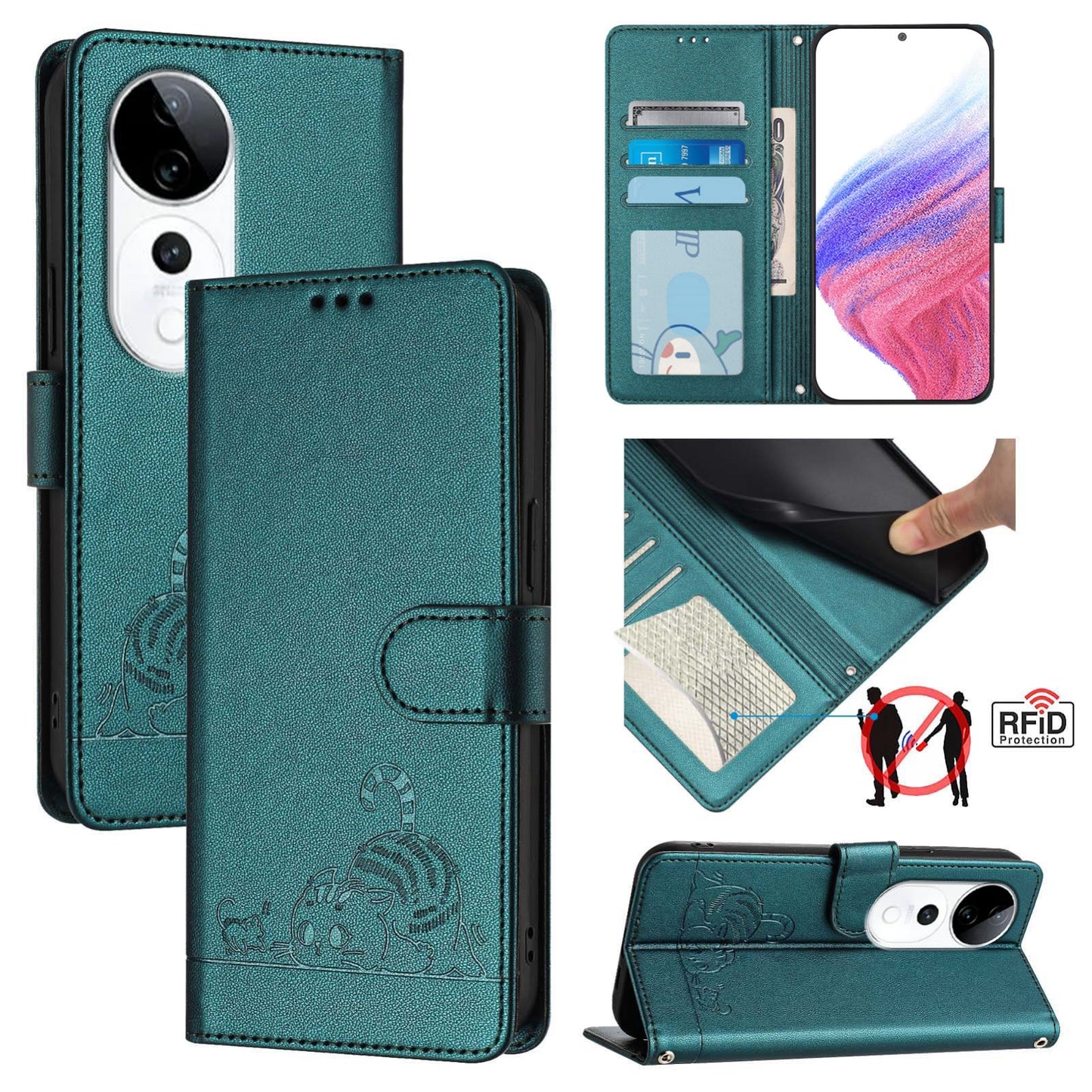 vivo S19 Pro Cat and Mouse Embossed PU Leather RFID Case with Wallet Slots, Anti-Fall Protection, Kickstand, and Lanyard-buycases.co.uk