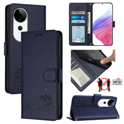 vivo S19 Pro Cat and Mouse Embossed PU Leather RFID Case with Wallet Slots, Anti-Fall Protection, Kickstand, and Lanyard-buycases.co.uk