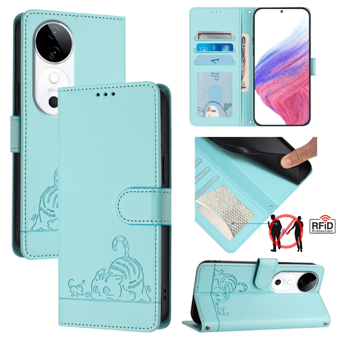 vivo S19 Cat and Mouse Embossed PU Leather RFID Case with Wallet Slots, Anti-Fall Protection, Kickstand, and Lanyard-buycases.co.uk