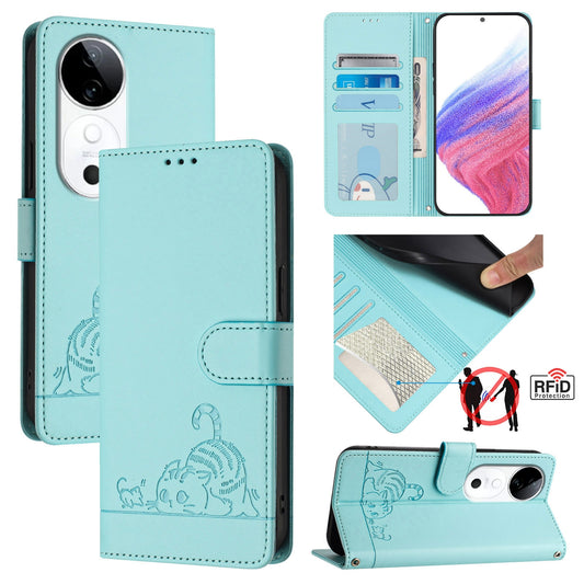 vivo S19 Cat and Mouse Embossed PU Leather RFID Case with Wallet Slots, Anti-Fall Protection, Kickstand, and Lanyard-buycases.co.uk