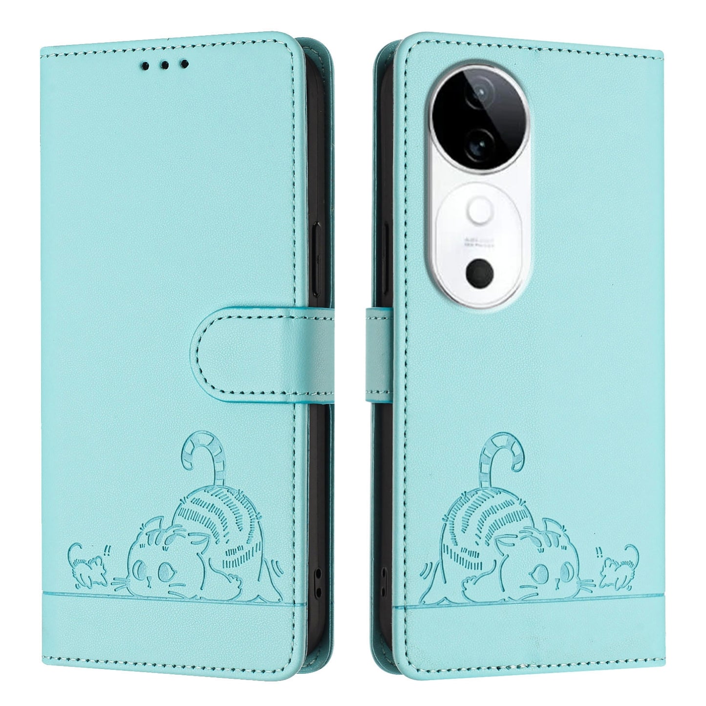 vivo S19 Cat and Mouse Embossed PU Leather RFID Case with Wallet Slots, Anti-Fall Protection, Kickstand, and Lanyard-buycases.co.uk