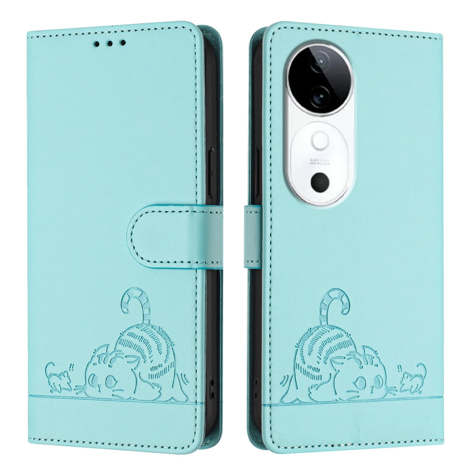 vivo S19 Cat and Mouse Embossed PU Leather RFID Case with Wallet Slots, Anti-Fall Protection, Kickstand, and Lanyard-buycases.co.uk
