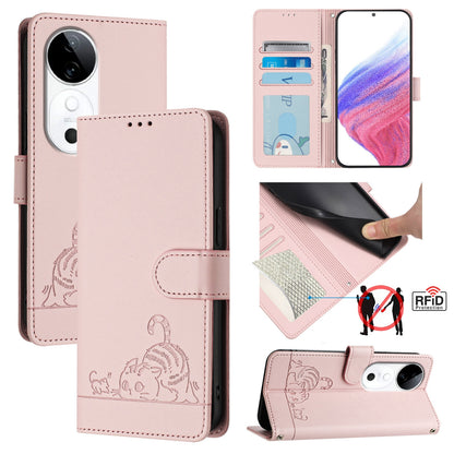 vivo S19 Cat and Mouse Embossed PU Leather RFID Case with Wallet Slots, Anti-Fall Protection, Kickstand, and Lanyard-buycases.co.uk