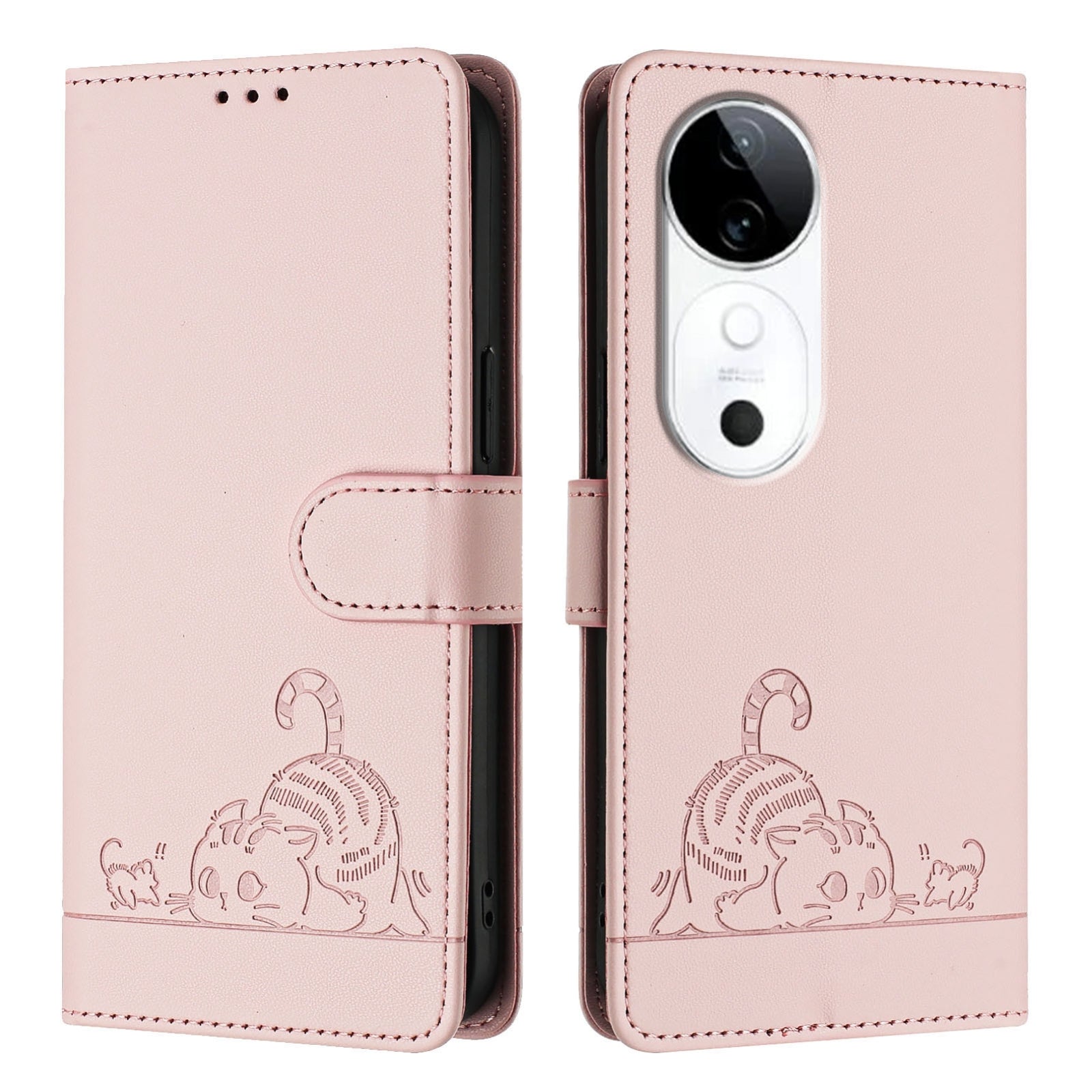 vivo S19 Cat and Mouse Embossed PU Leather RFID Case with Wallet Slots, Anti-Fall Protection, Kickstand, and Lanyard-buycases.co.uk