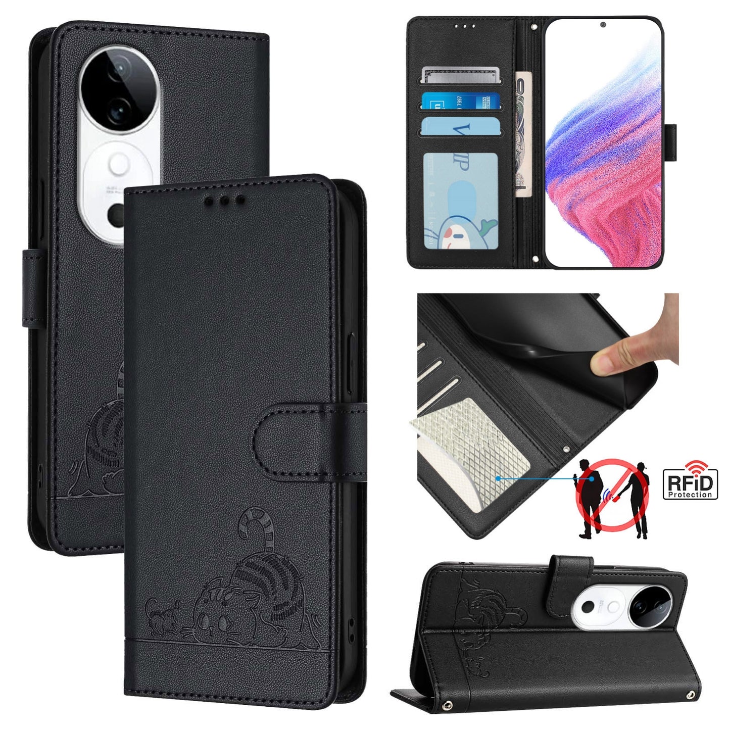 vivo S19 Cat and Mouse Embossed PU Leather RFID Case with Wallet Slots, Anti-Fall Protection, Kickstand, and Lanyard-buycases.co.uk