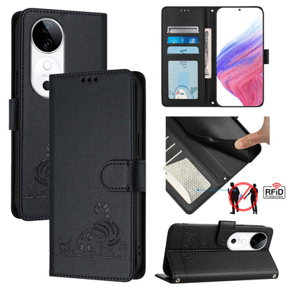 vivo S19 Cat and Mouse Embossed PU Leather RFID Case with Wallet Slots, Anti-Fall Protection, Kickstand, and Lanyard-buycases.co.uk