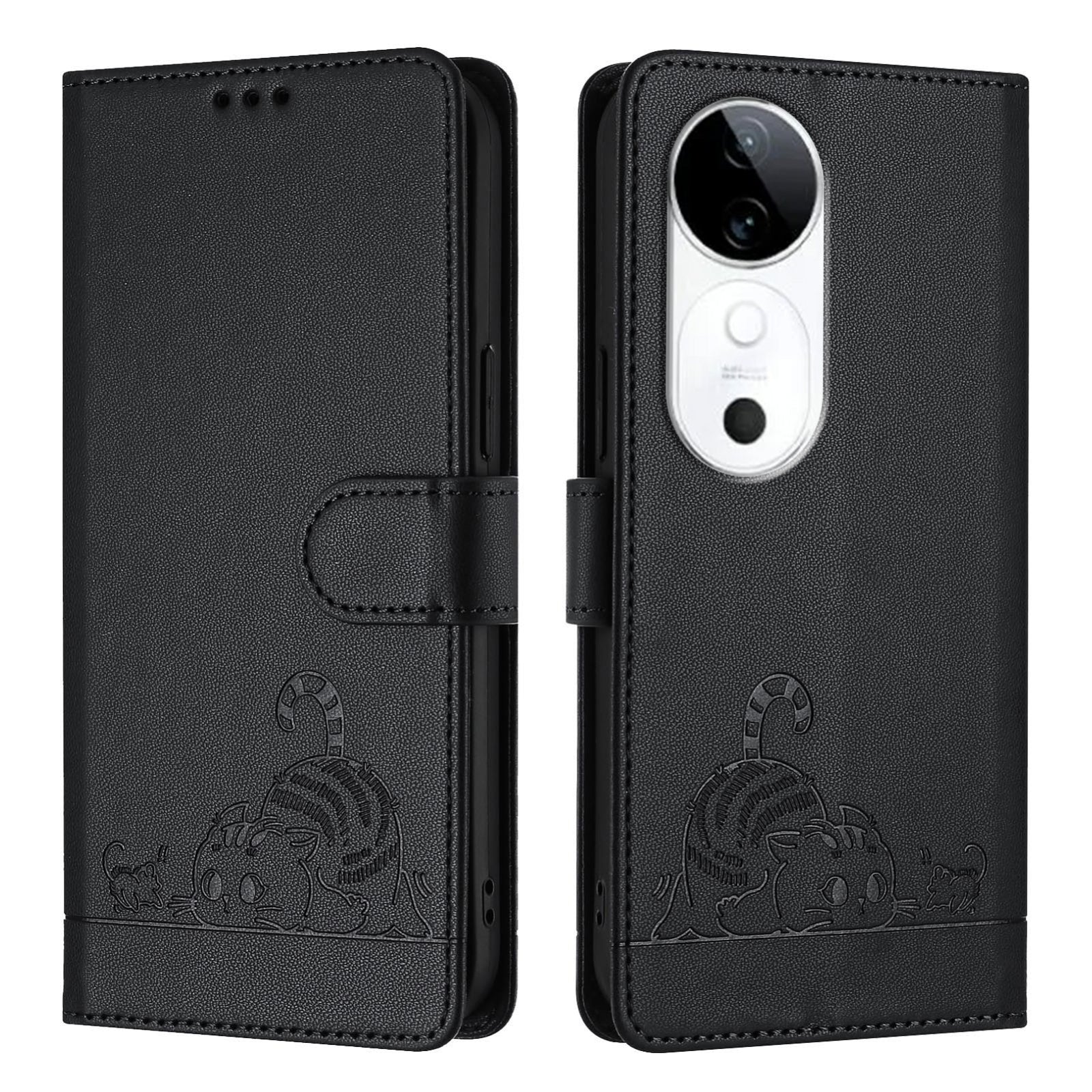 vivo S19 Cat and Mouse Embossed PU Leather RFID Case with Wallet Slots, Anti-Fall Protection, Kickstand, and Lanyard-buycases.co.uk