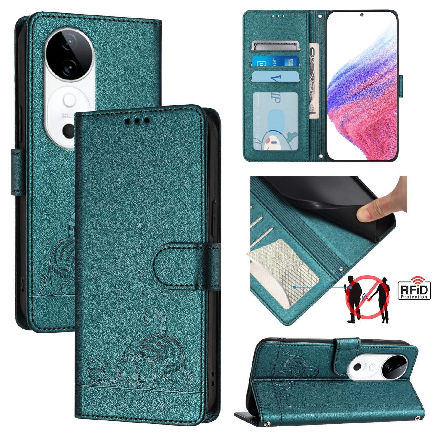 vivo S19 Cat and Mouse Embossed PU Leather RFID Case with Wallet Slots, Anti-Fall Protection, Kickstand, and Lanyard-buycases.co.uk