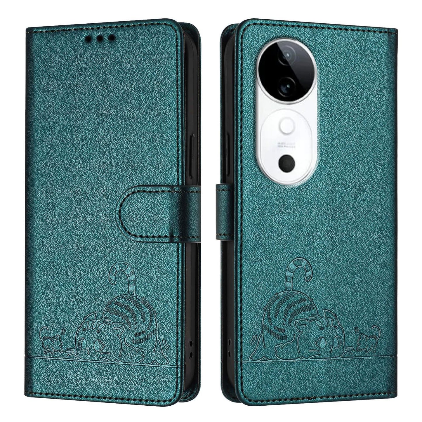 vivo S19 Cat and Mouse Embossed PU Leather RFID Case with Wallet Slots, Anti-Fall Protection, Kickstand, and Lanyard-buycases.co.uk