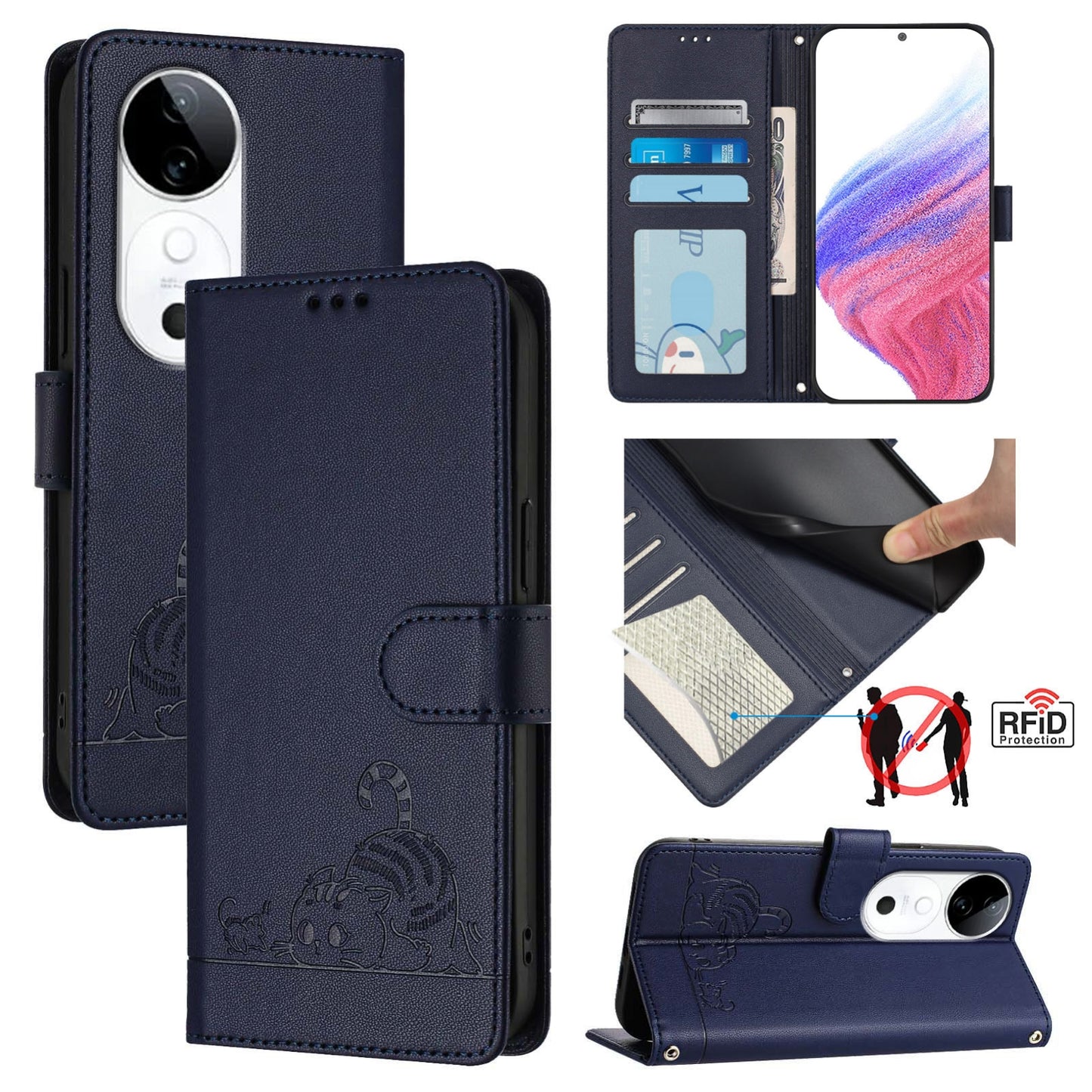 vivo S19 Cat and Mouse Embossed PU Leather RFID Case with Wallet Slots, Anti-Fall Protection, Kickstand, and Lanyard-buycases.co.uk