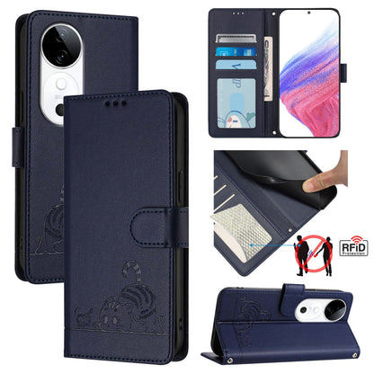 vivo S19 Cat and Mouse Embossed PU Leather RFID Case with Wallet Slots, Anti-Fall Protection, Kickstand, and Lanyard-buycases.co.uk