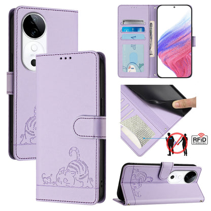 vivo S19 Cat and Mouse Embossed PU Leather RFID Case with Wallet Slots, Anti-Fall Protection, Kickstand, and Lanyard-buycases.co.uk