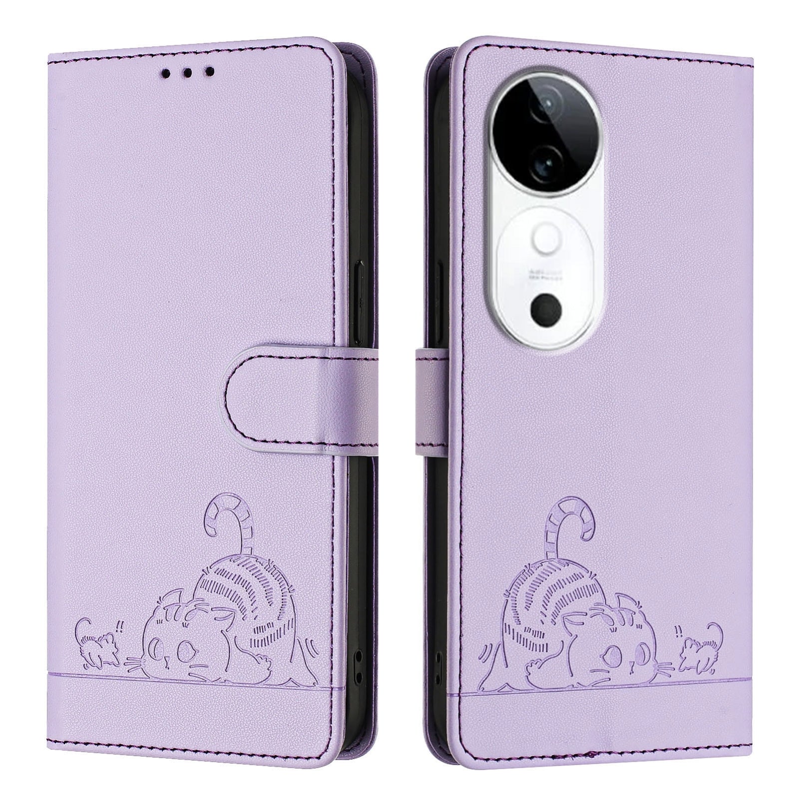 vivo S19 Cat and Mouse Embossed PU Leather RFID Case with Wallet Slots, Anti-Fall Protection, Kickstand, and Lanyard-buycases.co.uk