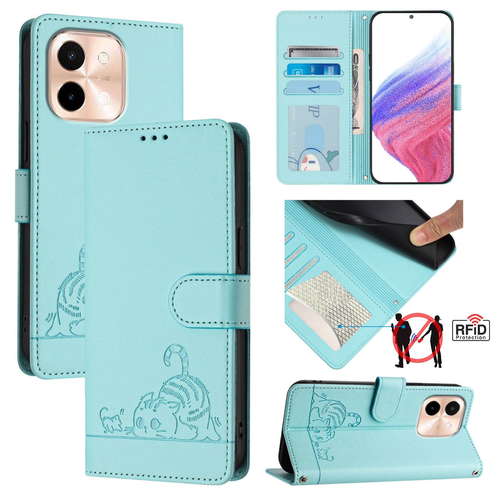 vivo Y28 4G Cat and Mouse Embossed PU Leather RFID Case with Wallet Slots, Anti-Fall Protection, Kickstand, and Lanyard-buycases.co.uk