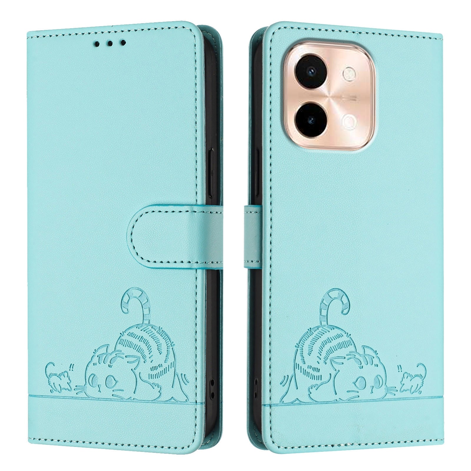 vivo Y28 4G Cat and Mouse Embossed PU Leather RFID Case with Wallet Slots, Anti-Fall Protection, Kickstand, and Lanyard-buycases.co.uk