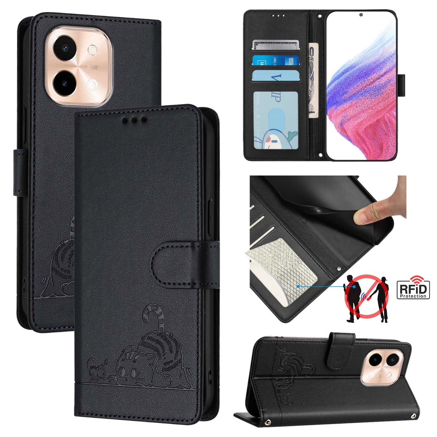 vivo Y28 4G Cat and Mouse Embossed PU Leather RFID Case with Wallet Slots, Anti-Fall Protection, Kickstand, and Lanyard-buycases.co.uk