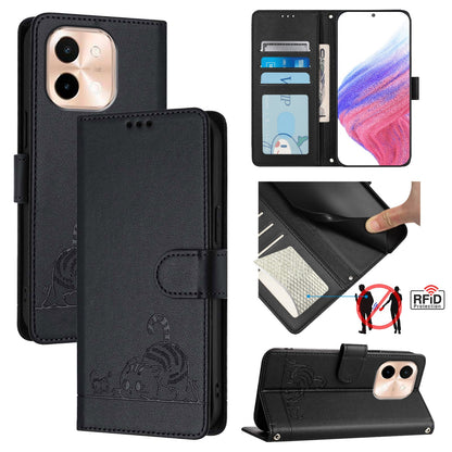vivo Y28 4G Cat and Mouse Embossed PU Leather RFID Case with Wallet Slots, Anti-Fall Protection, Kickstand, and Lanyard-buycases.co.uk